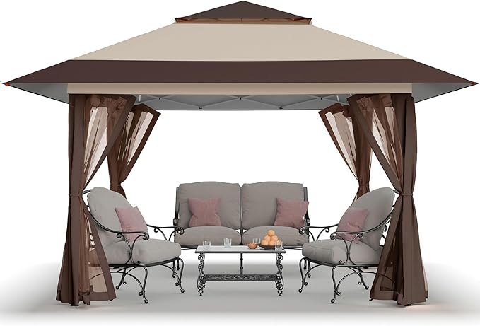 CROWN SHADES 13x13 Pop Up Gazebo, Canopy Tent, Gazebos on Clearance - Outdoor Gazebo for Backyard & Patio Furniture - Carpa Pop Up Tent with Wheeled STO-N-Go Cover Bag (Beige & Coffee)