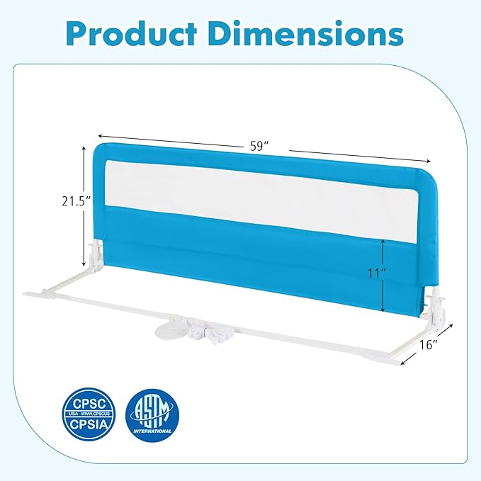 HONEY JOY Bed Rail for Toddlers, 59-in Extra Long, Portable Safety Bed Guardrail w/Double Safety Child Lock, Foldable Baby Bed Rail Guard, Fit King & Queen Full Twin Size Bed Mattress (2 Pack, Blue)