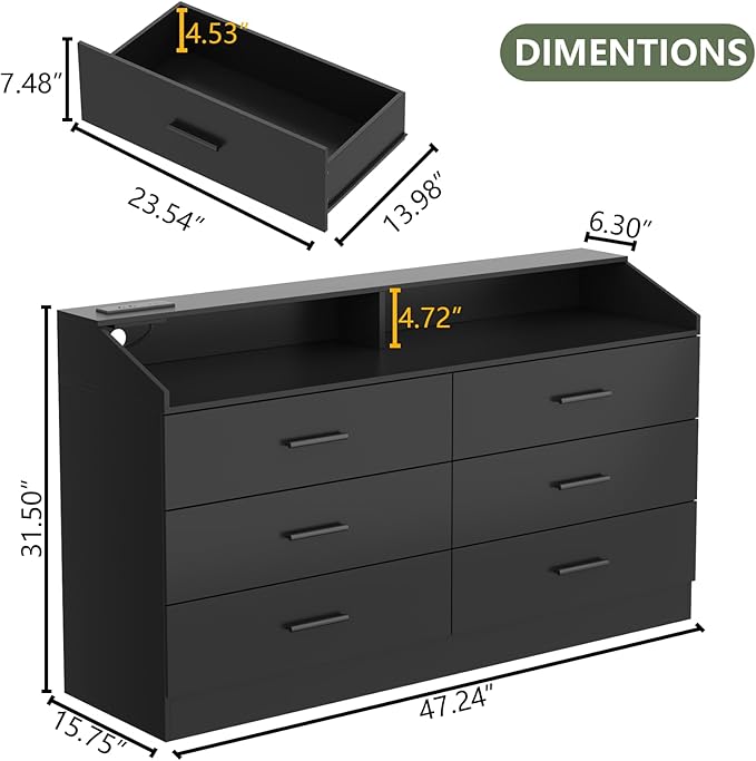 6 Drawer Dresser with Power Outlet, Chest of Drawers with LED Light, Modern Dresser with Open Storage Cubby, Double Wide Dressers Organizer for Bedroom, Living Room, Entryway, Hallway