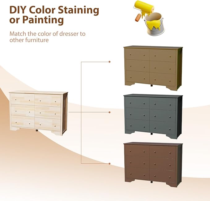 VINGLI Solid Wood Dresser Unfinished for Color DIY, Natural Real Wood Dresser 6 Drawer for Bedroom, 47.16" W*17.72" D*33" H