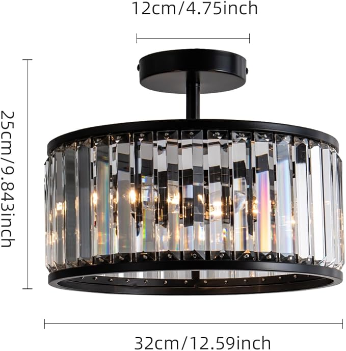 Black Crystal Ceiling Light Fixture, 3 light crystal Semi Flush Mount Ceiling