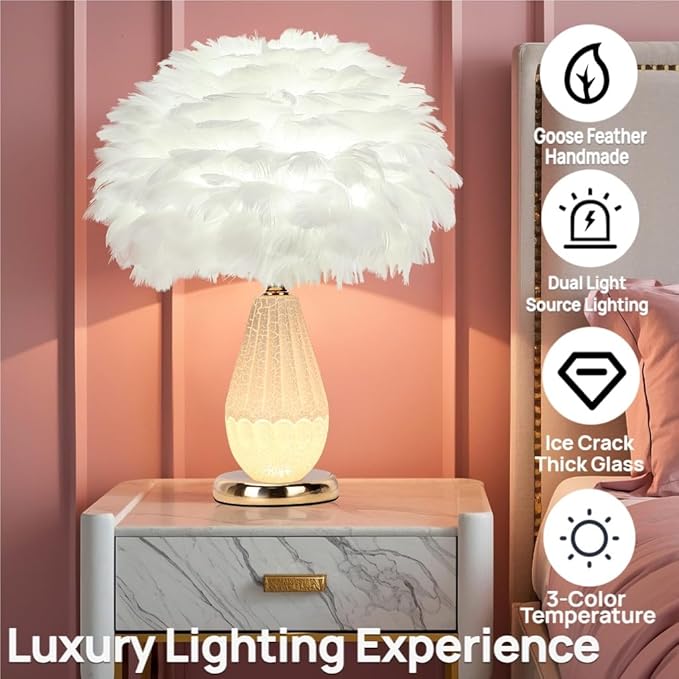 Feather Table Lamp with Cracked Ice Glass Bottle & Gold Base, 2 Separate Lights