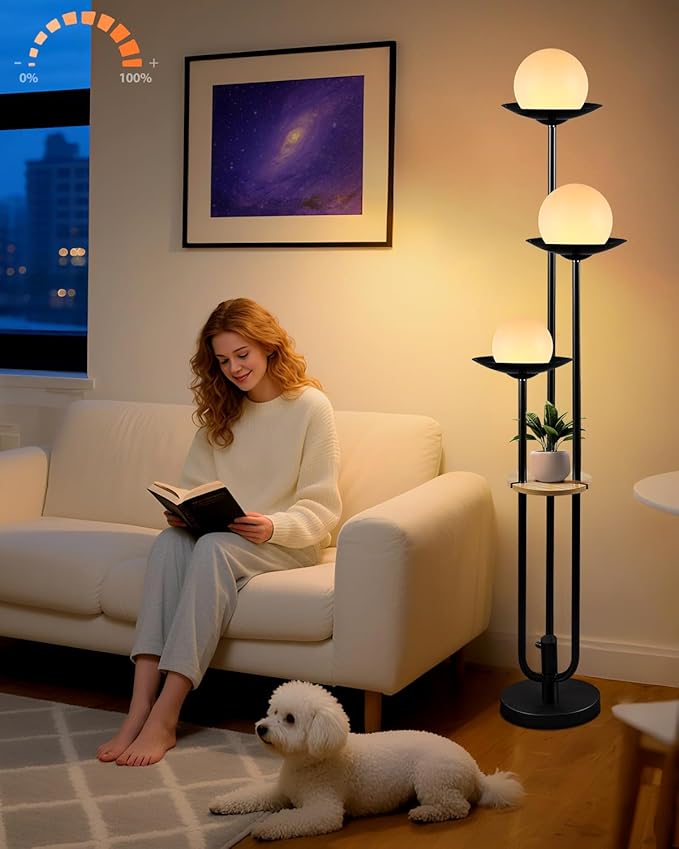 63IN Globe Floor Lamp with Table, 3-Lights Modern Dimmable Floor Lamps with