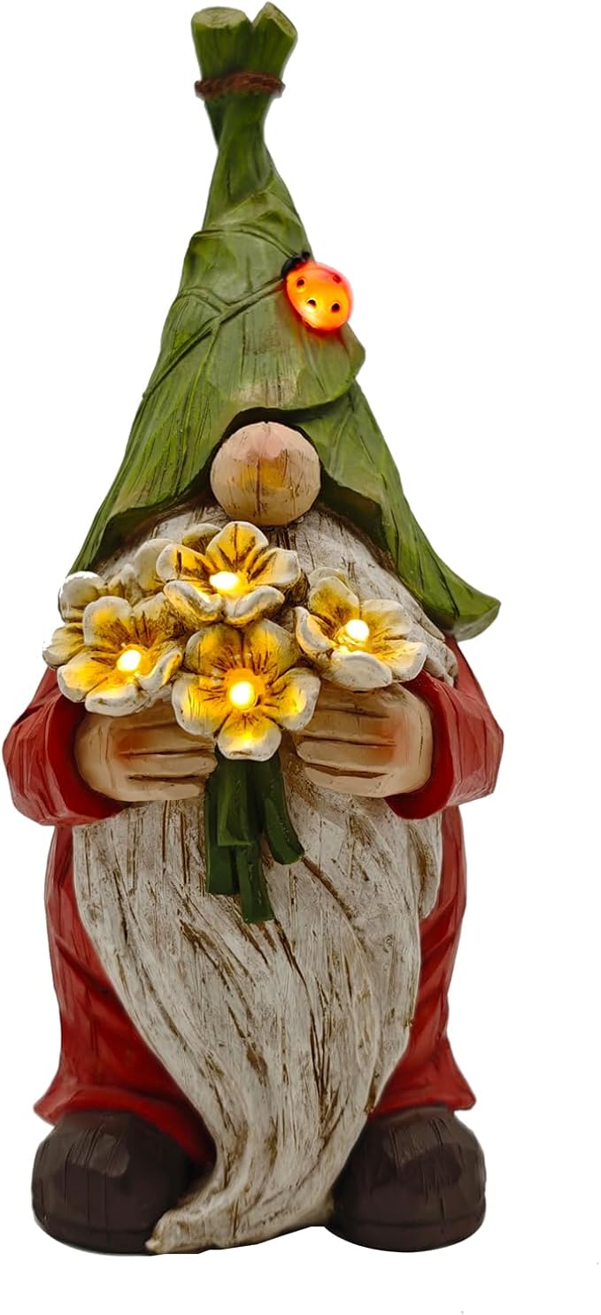 COWOS Garden Gnome Statue Outdoor Decor, Solar Garden Gnome Figurine Light, Resin Statues Sculpture for Patio Yard Lawn Outdoor Decorations