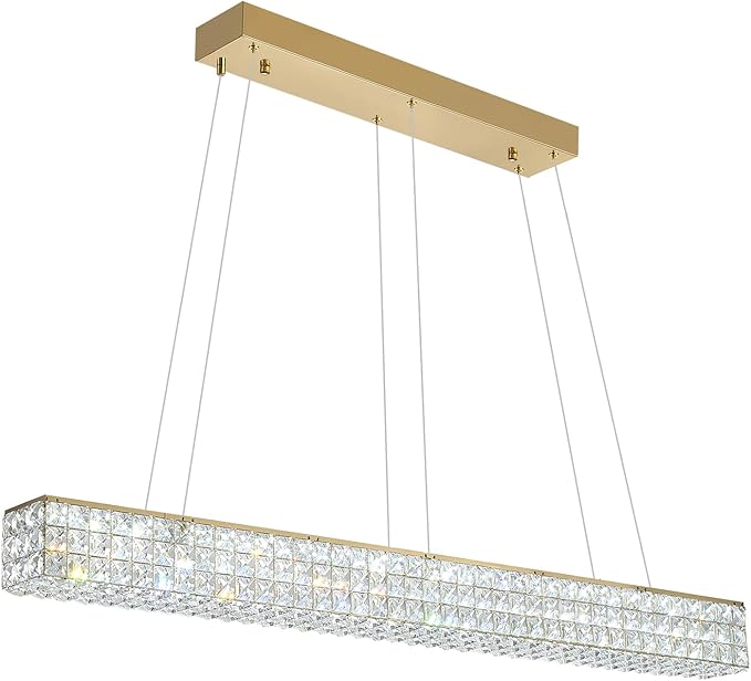 W48 Rectangular Gold Crystal Chandelier Modern Rectangle Pendant Ceiling Light