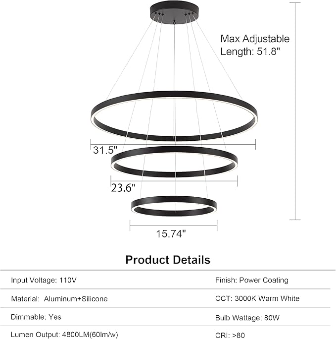 Elegant 3-Rings Black Modern LED Chandelier – Fully Dimmable High Ceiling