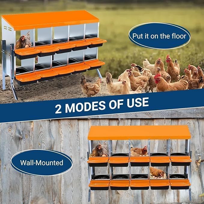 Chicken Nesting Box，10-Hole Nesting Boxes for Chicken Coop with Removable Plastic Egg Tray & Ventilation Holes, Wall Mount/Freestanding Poultry Laying Boxes for Hens, Ducks & Coops