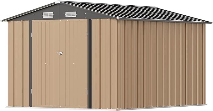 Greesum 8x10FT Outdoor Storage Shed, Metal Storaged Sheds with Lockable Doors, Sheds & Outdoor Storage for Bike, Backyard, Pool and Garden, Brown