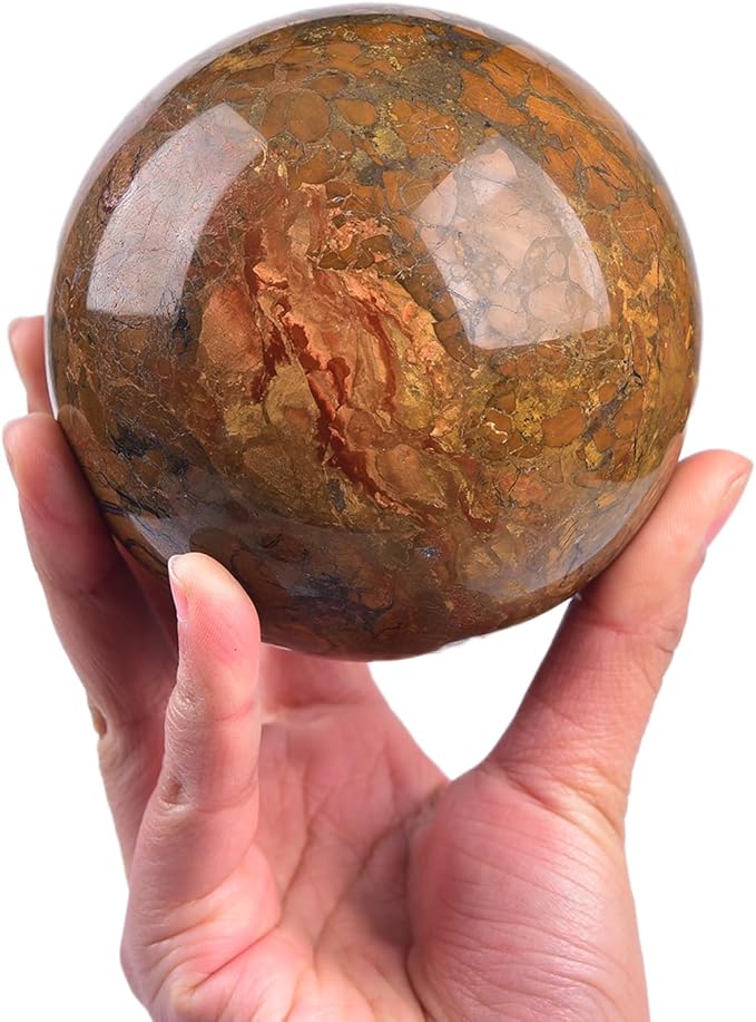 JIC Gem Large Crystal Ball Sphere Yellow Agate Healing Crystal Gemstone Ball with Display Stand Home Decor Meditation Grid Energy Balance (90-100mm)