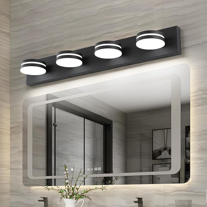 4-Light Bathroom Vanity Light, Matte Black Bathroom Light Fixtures Over Mirror