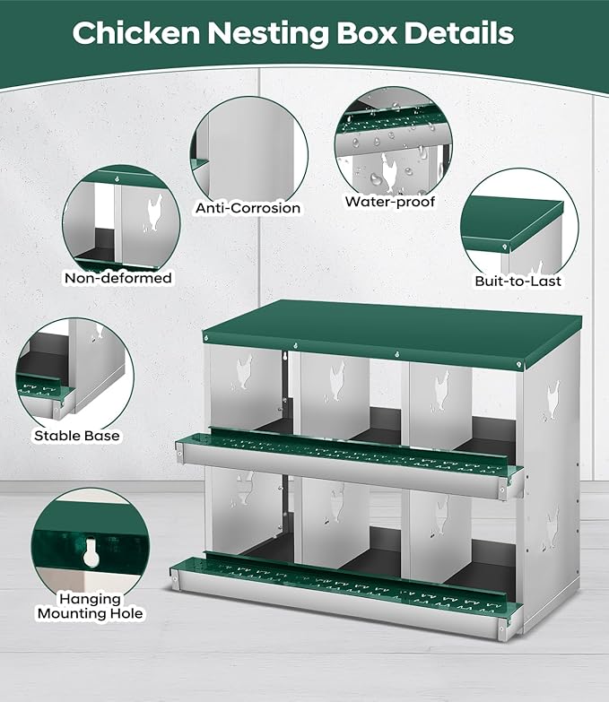 Chicken Nesting Box,6 Compartments Nesting Box for Chickens, Two-Tier Galvanized Metal Wall Mount Chicken Egg Laying Box with Large Vented Holes for Easy Egg Collection ﻿