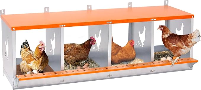 Chicken Nesting Boxes, 4 Rooms Hens Nest Box, Metal Poultry Nest Box Wall Mount for Chickens Egg Laying Box Collection Vented Holes Chicken Coop Cages Equipment, Orange (4 Rooms)