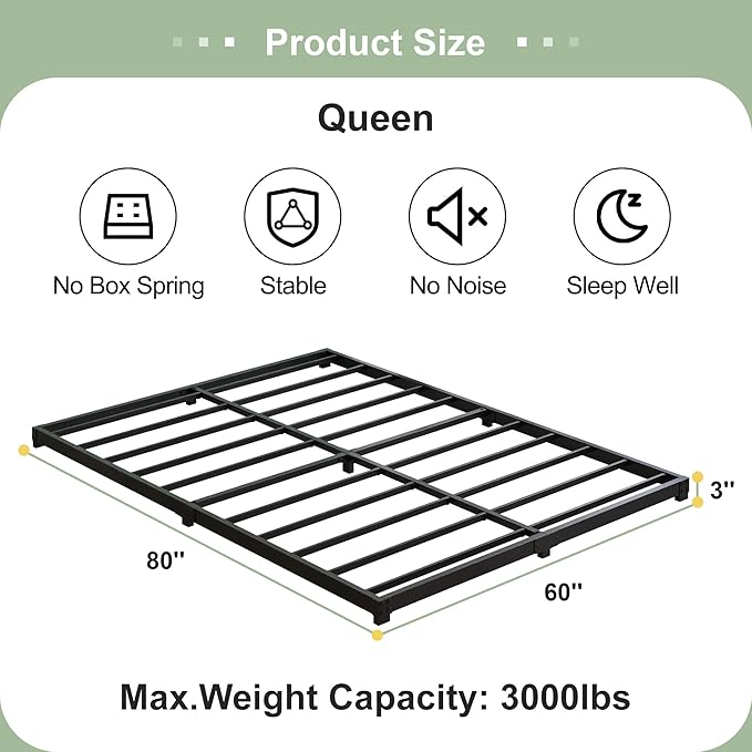 3 Inch Low Queen Bed Frame Heavy Duty Metal Platform, No Box Spring Needed, Easy Assembly Mattress Foundation, No Noise, Black