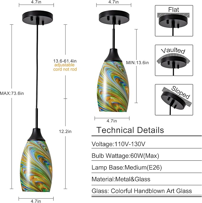 Mini Glass Pendant Light 4.72" Colorful Pattern Oval Pendant Lights 1-Pack