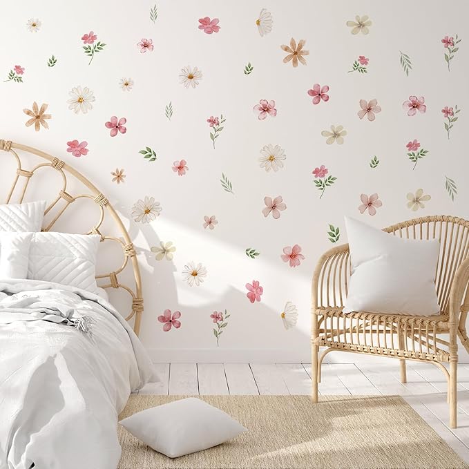 YouRfocus Daisy Watercolor Wall Decals | 68 PCS Boho Flower Stickers for Girls' Rooms, Playrooms, and Nurseries | Dual Layer Print for High Coverage | Removable Peel and Stick Wall Decor | 12 Sheets