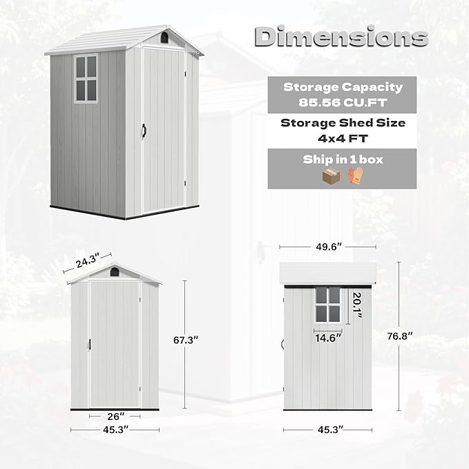 Devoko 4x4 FT Outdoor Shed, Compact & Secure Plastic Resin Storage with Lockable Door, Features Built-in Floor & Window for All-Weather Garden, Patio, and Poolside Organization, Light Gray