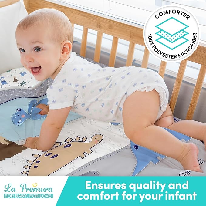 La Premura Baby Crib Bedding Set for Boys – Dinosaur 3 Piece Standard Size Nursery Crib Comforter Set, Grey/Blue - Unisex Baby Nursery Bedding and Neutral Decor