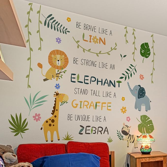 Cute Jungle Theme Wall Stickers Removable Animal Forest Wall Decals Elephant Monkey Lion Giraffe Zebra Peel and Stick Tropical Wall Art Decor for Nursery Bedroom Classroom (Green)