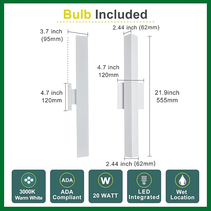 2 Pack LED Outdoor Wall Lights Dimmable, 20W 3000K, 21.9" Modern Textured White