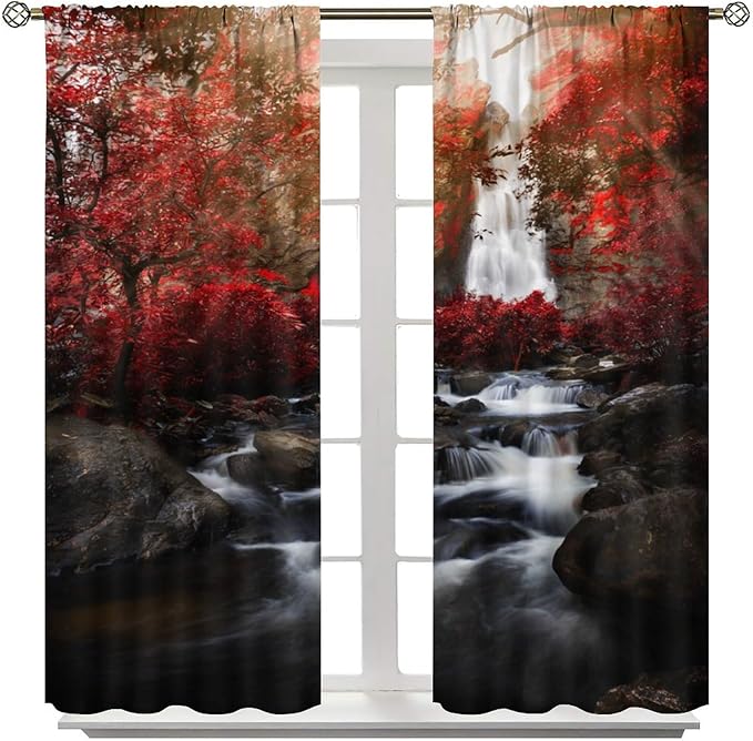 Nature Waterfall Blackout Curtains, Autumn Waterfall Romantic Forest Landscape Print Rod Pocket Window Drapes, for Bedroom Living Room 63" W X 72" L
