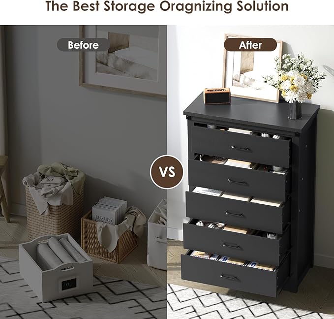 Farmhouse 5 Drawer Dresser for Bedroom, 47" Tall Chest of Drawers, Wood White Dresser with Deep Drawers, Storage Dressers Organizer for Bedroom, Living Room, Hallay, Black