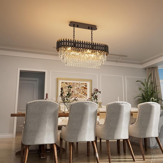 31.5" 8-Light Modern Black Gold Crystal Chandelier, Luxury Rectangular Raindrop