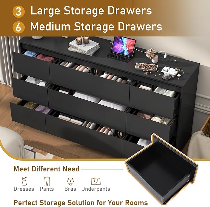 Black malm Dresser for Bedroom, 63 Inch Long 9 Drawers Dresser with Charging Station, Modern Large Wood Chest of Drawers Handle Free for Bedroom, Living Room, Entryway, Hallway, Black