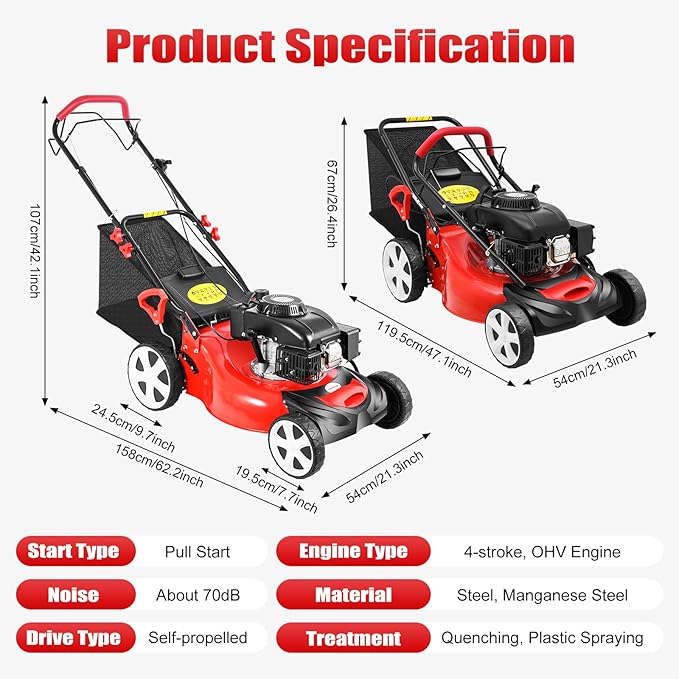 Self-Propelled Gas Lawn Mower, 20-Inch Mowing Width, 140CC 4-Stroke 5HP Engine, Adjustable Height with 8 Gears, Large Grass Bag 15.9Gal