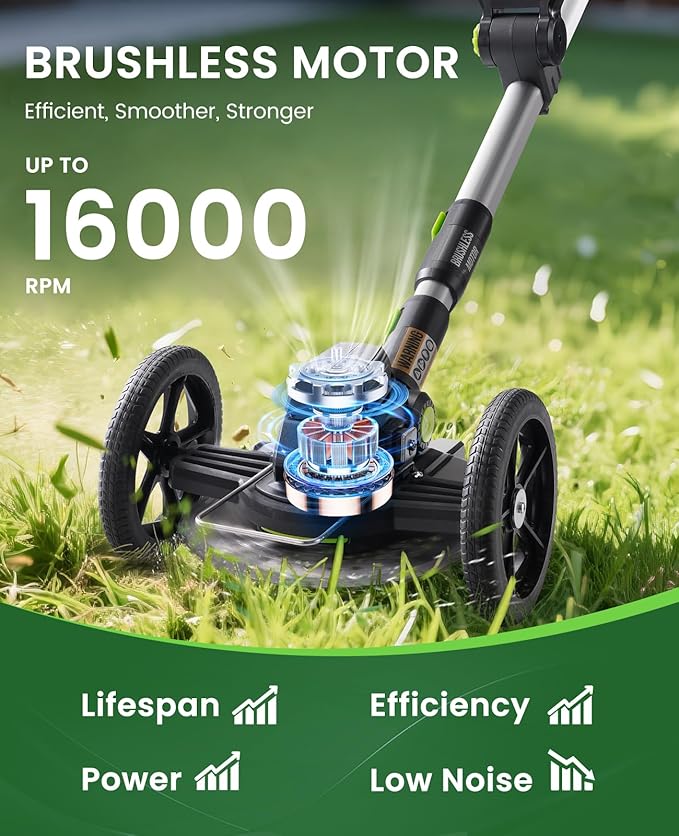 Electric Weed Wacker Cordless with Wheel, Brushless Grass Trimmer with 21V 4.0Ah Battery and Fast Charger, 3 Types of Blades String Trimmer, Weed Eater Battery Powered, Grass Cutter Machine
