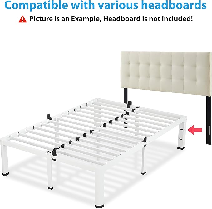 18 Inch King Size White Bed Frame, 3500Lbs Heavy Duty Metal Platform with Round Corner Legs Mattress Slide Stopper, Steel Slat Support No Box Spring Needed, Noise Free, Non-Slip, Easy Assembly