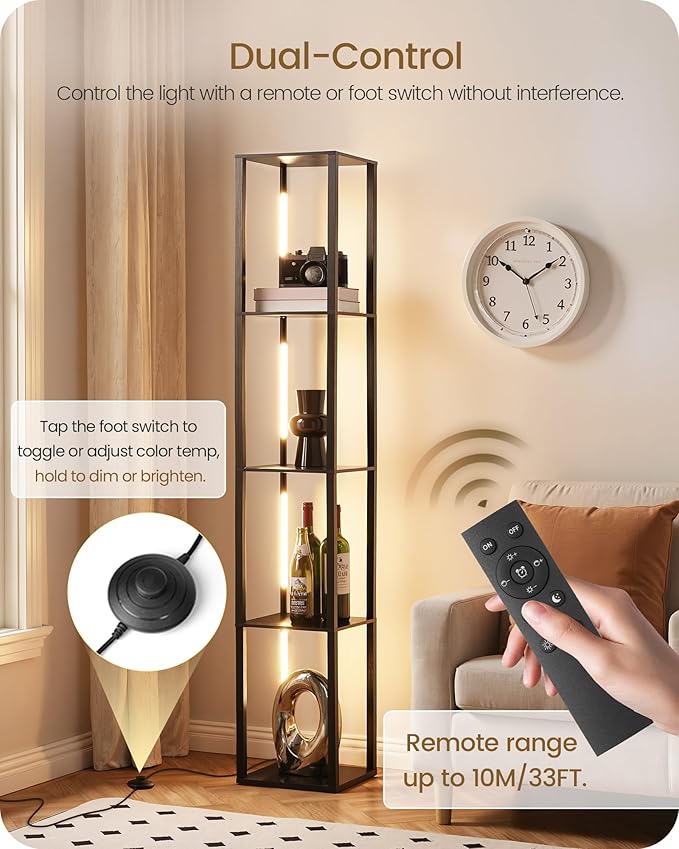 64.2" Display Shelf with Light, Modern Corner Floor Lampe with Shelves