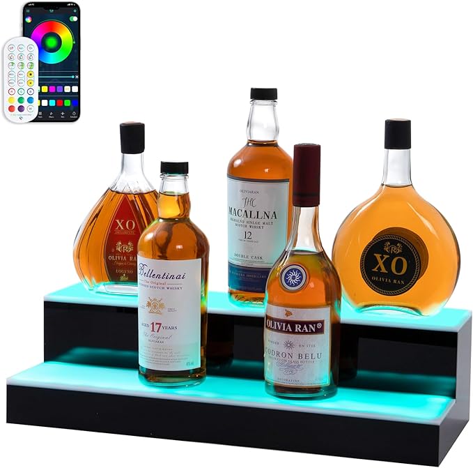 Led Lighted Liquor Bottle Display Shelf, 20 Inch 2 Tier Whiskey Rack, Support