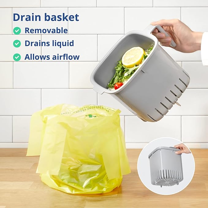 Blue Ginkgo Kitchen Compost Bin [2.6L / 0.69 GAL] – Filter-Free, Odor-Tight Countertop Food Waste Pail with Handles (Made in Korea, Gray)