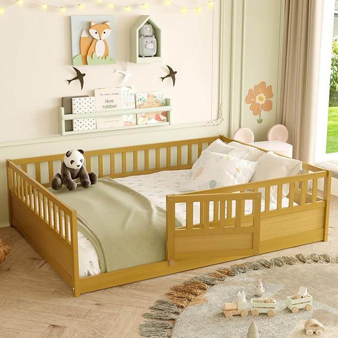 Bellemave Full Floor Bed with Slats, Full Size Floor Beds with High Fence and Door, Montessori Floor Bed Frame, No Box Spring Needed, Easy Assemble Montessori Bed, Natural