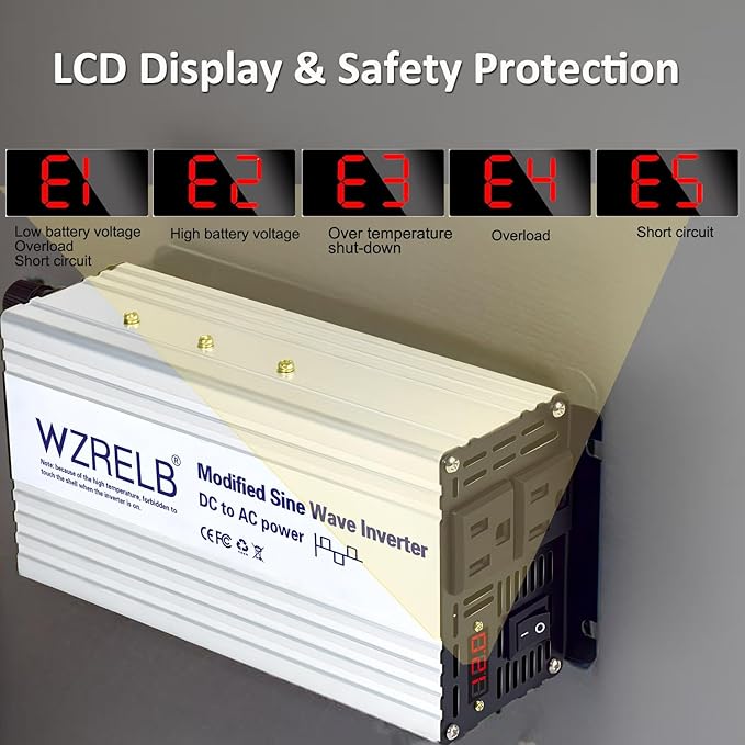 WZRELB 800W Power Inverter 12V DC to 110V 120V AC,1600W Peak Modified Sine Wave Car Inverter with LED Display,Dual AC Outlets,Soft Starter,Off-Grid Power Converter with High Efficiency up to 90%