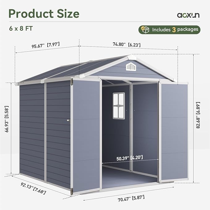 Aoxun 8 x 6 FT Outdoor Storage Shed with Window, Resin Shed with Floor & Lockable Doors, Garden Shed Waterproof Plastic Tool Shed with Sloped Roof for Backyard, Garden, Patio, Lawn, Grey