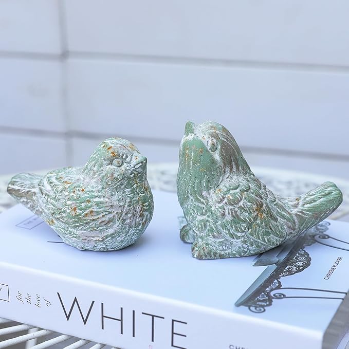 BIG FORTUNE Outdoor Bird Statues Bird Decor Figurines for Home Cement Bird Sculpture for Patio Yard Lawn Ornament, 2style/Set,Indoor Outdoor Bird Decorations Statue(Green)