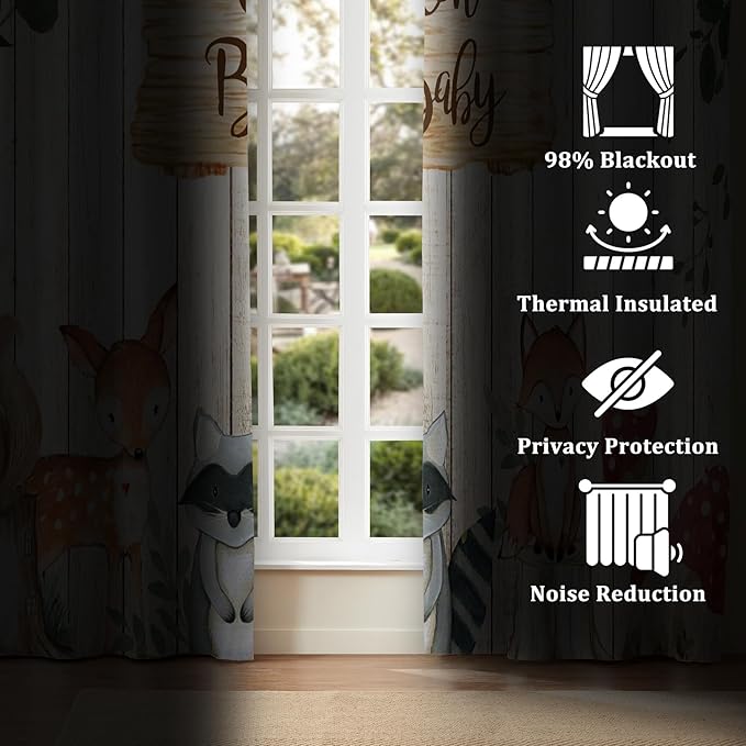 Renaiss 42 x 45 Inch African Safari Baby Curtains Grommet Blackout Window Curtain Planks Animals Tropical Tree Stump Fox Squirrel Mushrooms Print Window Treatment for Kids Boys Bedroom Decor 2 Panels