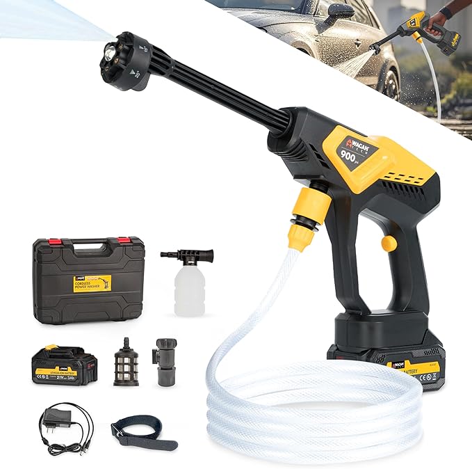 Wagan EL6312 Cordless Power Pressure Washer with 6-in-1 Long Nozzle 970PSI Portable Power Washer with 2 Rechargeable 3.0Ah Batteries Using for Car, Garden, Floor Cleaning