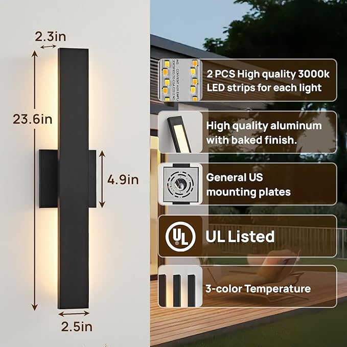 Upgraded 2-Pack 23.6in Black Long Modern LED Outdoor Wall Lights 3000K 4000K