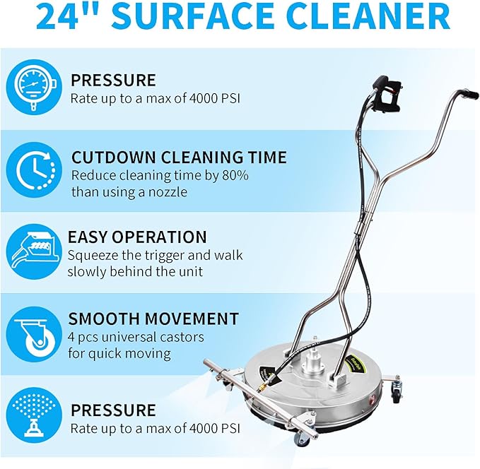 24" Pressure Washer Surface Cleaner Mate with 5 Nozzles Water Broom, Stainless Steel Surface Cleaner for Pressure Washer, Dual Handle Power Washer Surface Cleaner for Concrete Driveway, 4200 PSI