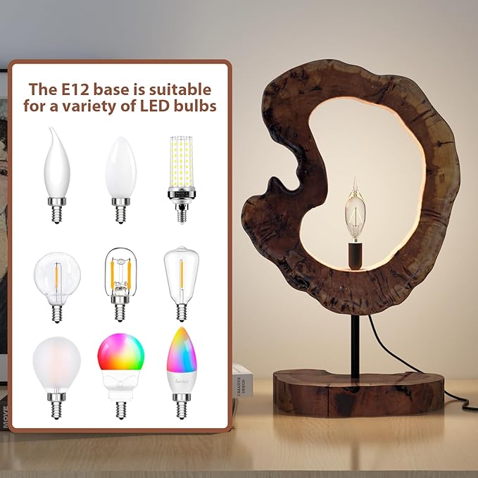 LAPTAIN Wood Table Lamp, Irregular Jujube Tree Wooden Bedside Lamp, Creative