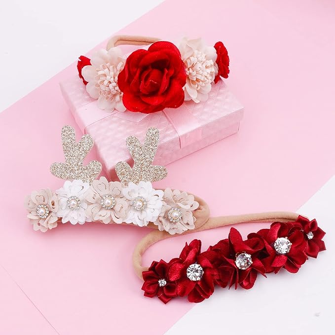 cherrboll 3pcs Baby Girl Flower Headbands, Super Soft & Stretchy Red Floral Hairbands for Newborn Toddler Christmas