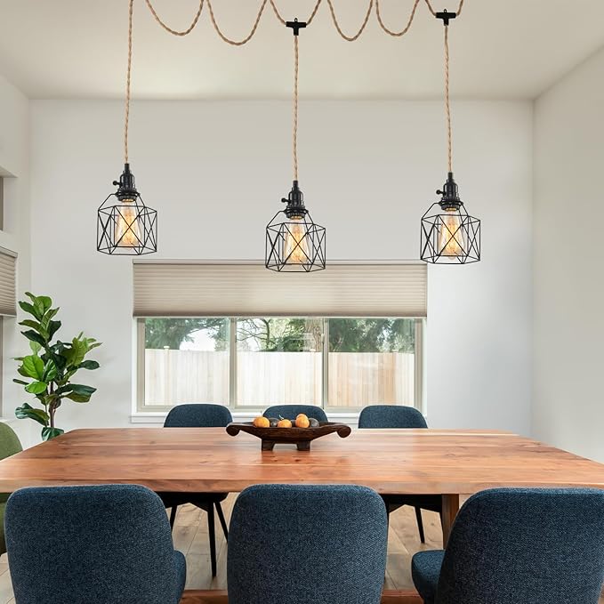 3-Light Hanging Light with Plug in Cord, Plug in Pendant Light 22ft Hemp Rope