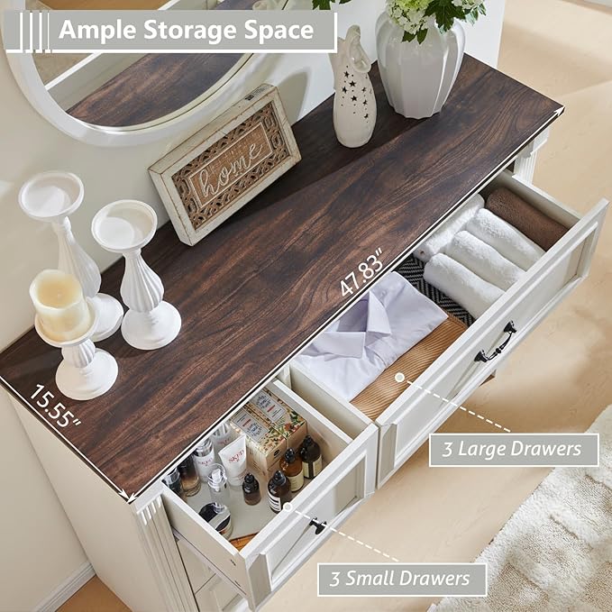 6 Drawers Dresser for Bedroom, Farmhouse 47.8" Wide Dressers & Chests of Drawers w/Roman Column, Wood Rustic Closet Dresser with Two Different Drawer Sizes for Bedroom, Living Room, White