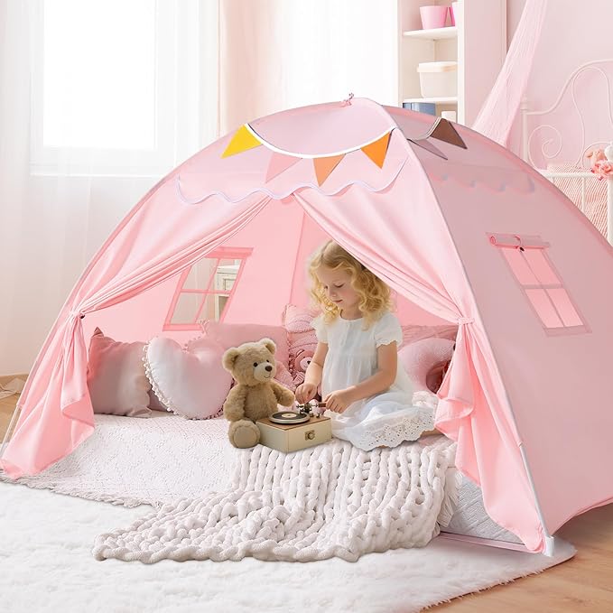 Sumbababy Toddler Bed Tent Canopy: Lights & Flags Indoor Floor Kids Play Tent Playhouse - Portable & Foldable Twin Bunk Bed Curtains - Twin Bed Tent for Girls Gifts (Pink)