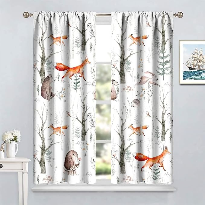 Rustic Forest Window Curtains, Watercolor Woodland Animals Owl Hedgehog Fox Butterfly Forest Squirrel and Bear Blackout Windows Door Curtain for Bedroom Living Room Home Decor 72x63in