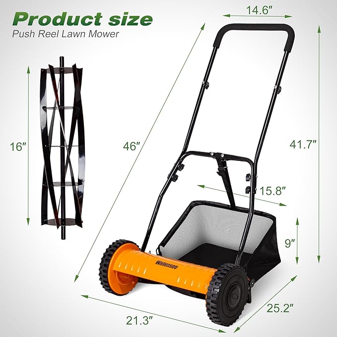 Walensee 16-Inch 5-Blade Push Reel Lawn Mower, Cordless Manual Reel Lawn Mower Walk-Behind Steel Lawn Mowers with Removable 7.9-Gallon Grass Catcher, Sponge Grip, 4-Position Cutting Height Adjustment