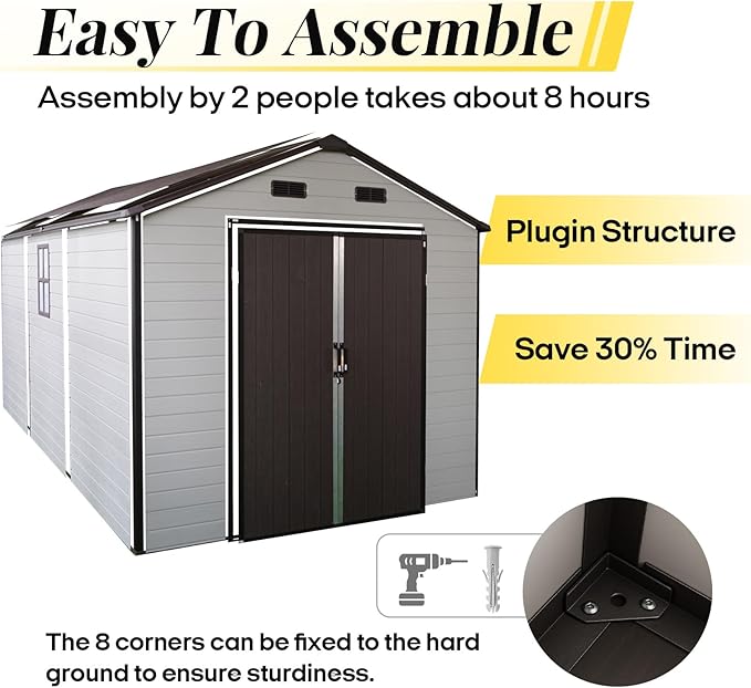 8x14ft Resin Outdoor Storage Shed with Floor and 2 Windows, Plastic Sheds & Outdoor Storage Clearance for Patio Furniture, GardenTools, Bike Accessories and Lawn Mower, Brown+White