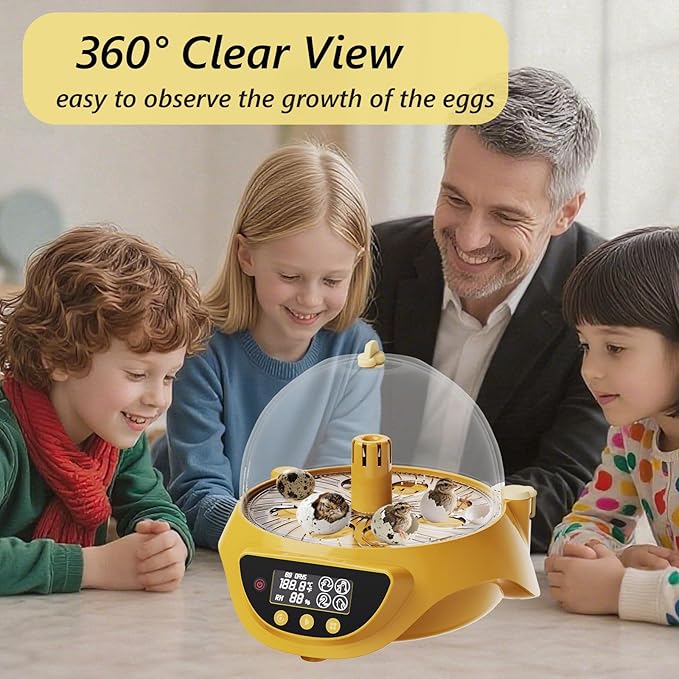 Quail Incubator with Automatic Egg Turning,8 Eggs, Smart Temperature Control, 360°View, Air Vent Circulated, Auto Mini Small Egg Incubator for Hatching Quail Bird Parrot Reptile